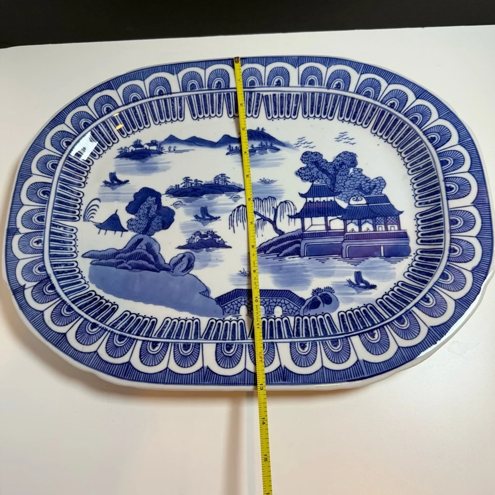 Blue Willow Style Porcelain Serving Platter – Large 20” Oval Transferware